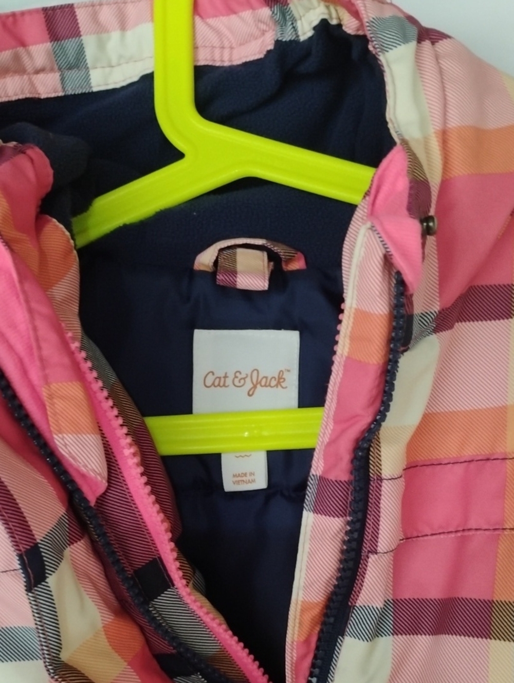Cat & Jack Pink Plaid Hooded Puffer Jacket with Navy Lining "Like New Condition"
